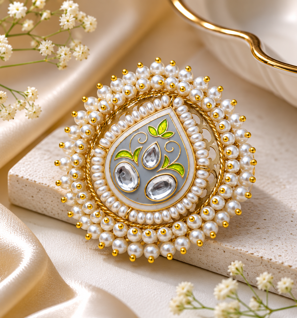 Meenakari Kundan Pearl Ring