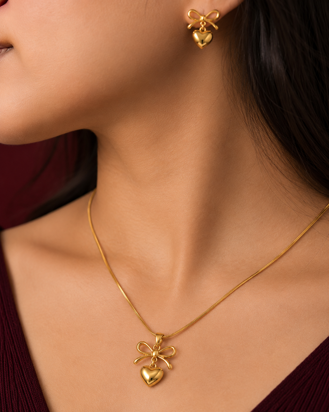 Bow & Heart Charm Necklace Set