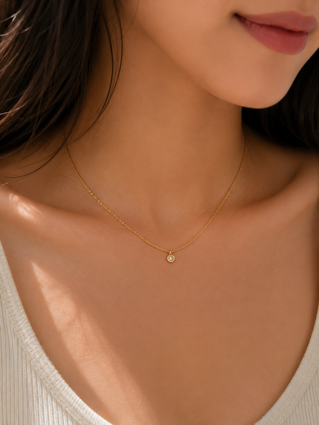 Tiny Round Stone Pendant Necklace