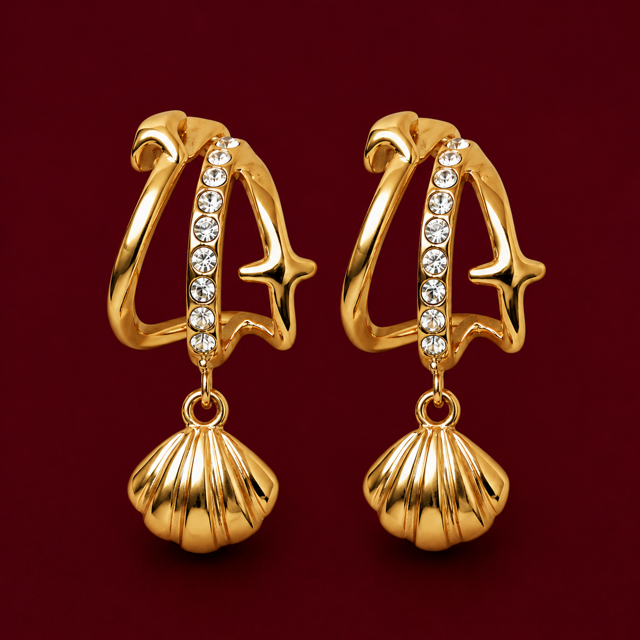 Shell & Star Pave Hoop Earrings