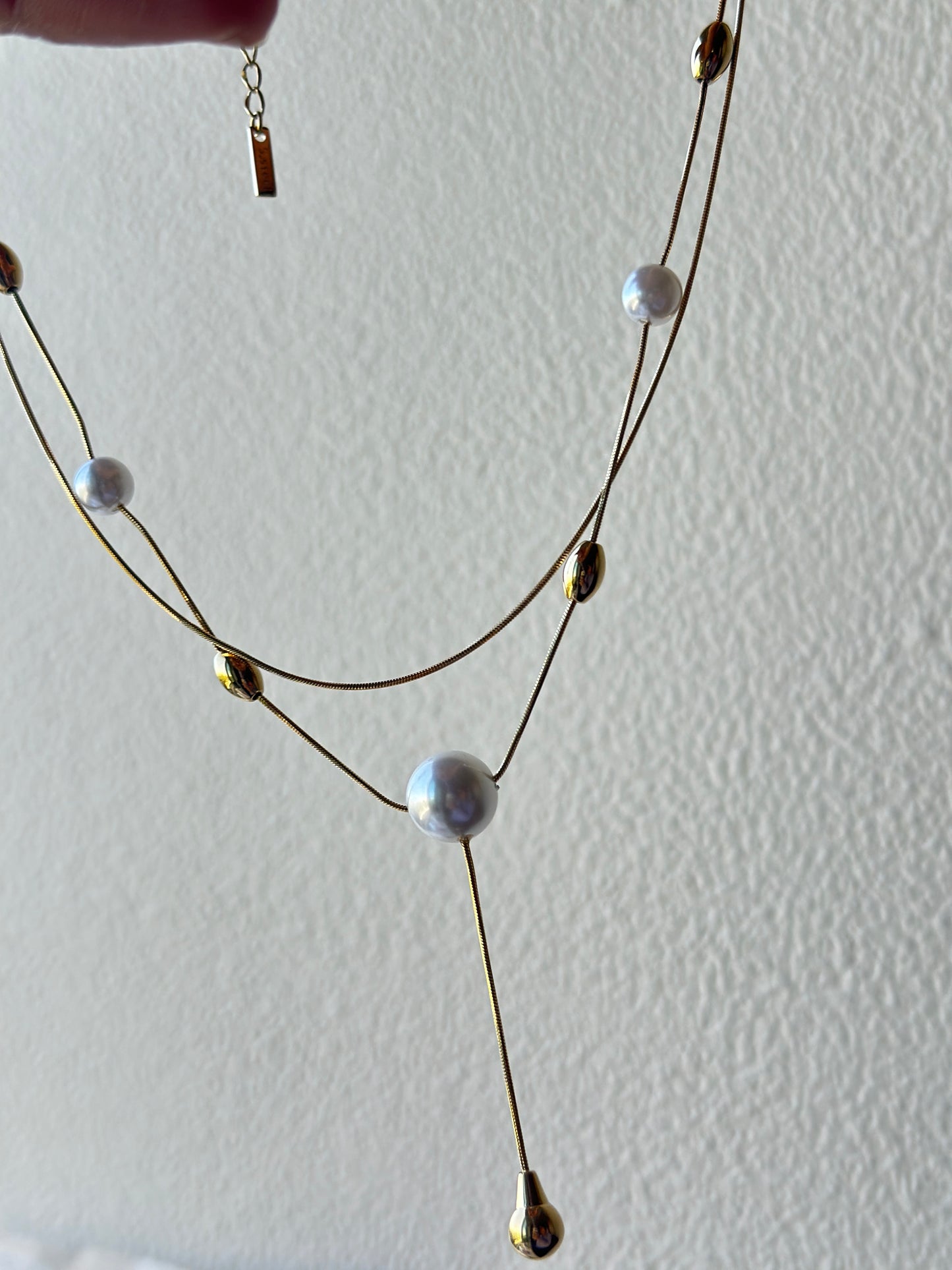 Double Layer Pearl & Gold Drop Lariat Necklace