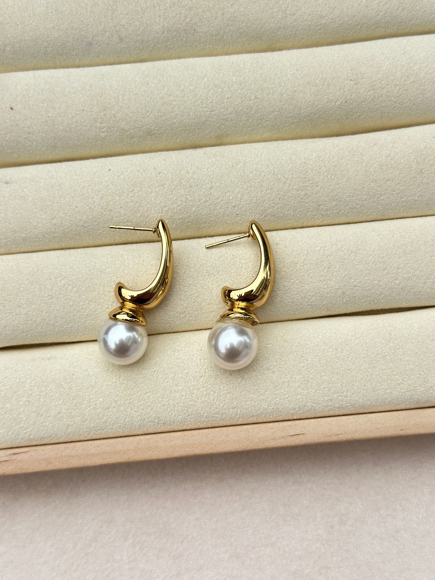 Curved Gold Pearl Drop Earrings