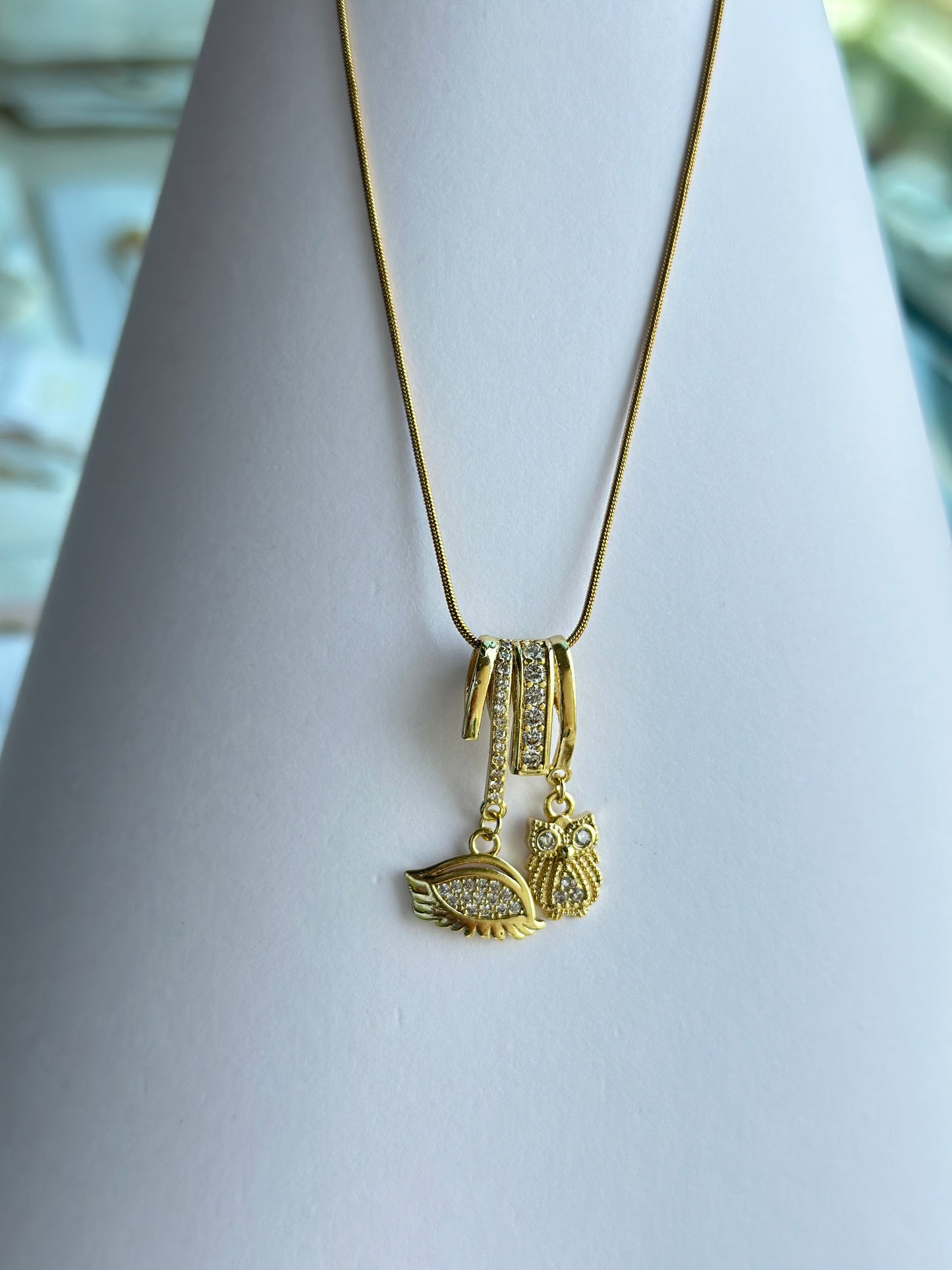 CZ Owl & Wing Double Charm Pendant Necklace