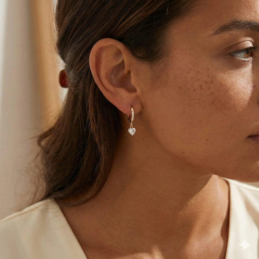 CZ Heart Charm Huggie Hoop Earrings