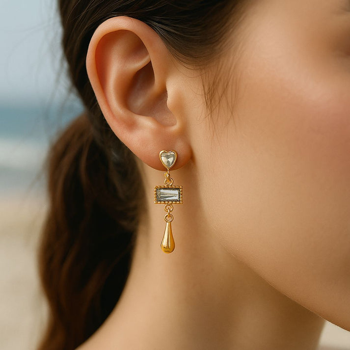 CZ Heart & Baguette Long Teardrop Drop Earrings