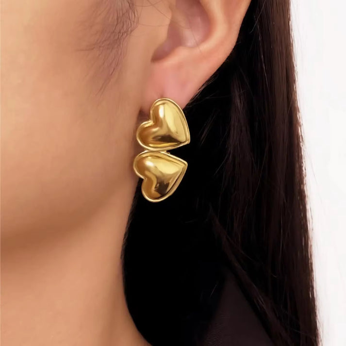 Double Puffy Heart Drop Earrings