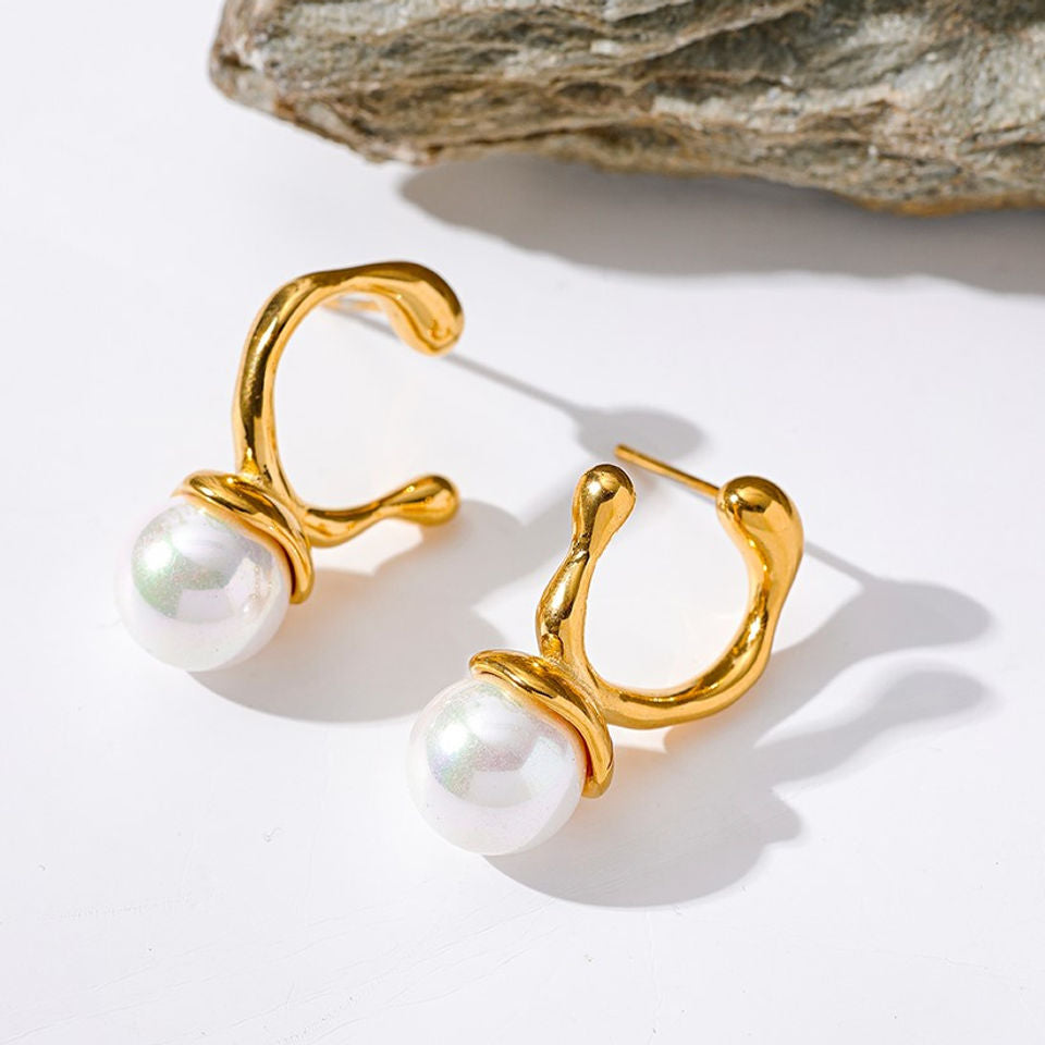 Twisted Hoop Pearl Drop Earrings