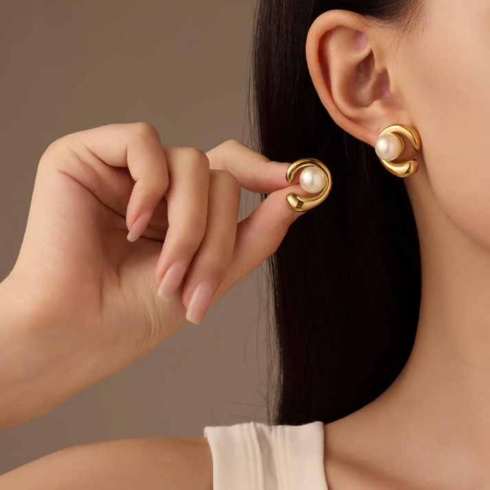 Gold Swirl Pearl Stud Earrings