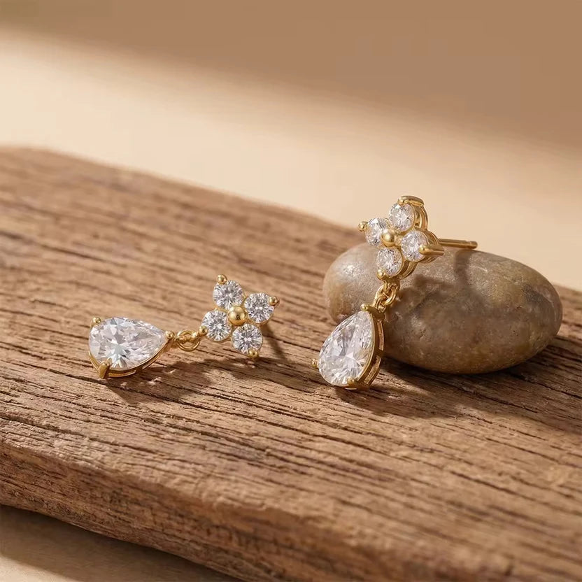 Floral Cluster and Teardrop Crystal Earrings