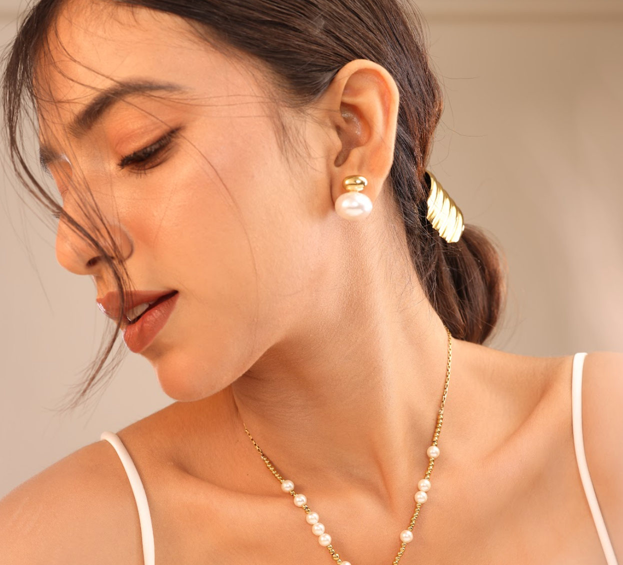 Gold Bead Big Pearl Stud Earrings