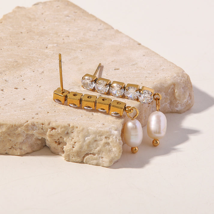 CZ Tennis Pearl Drop Earrings