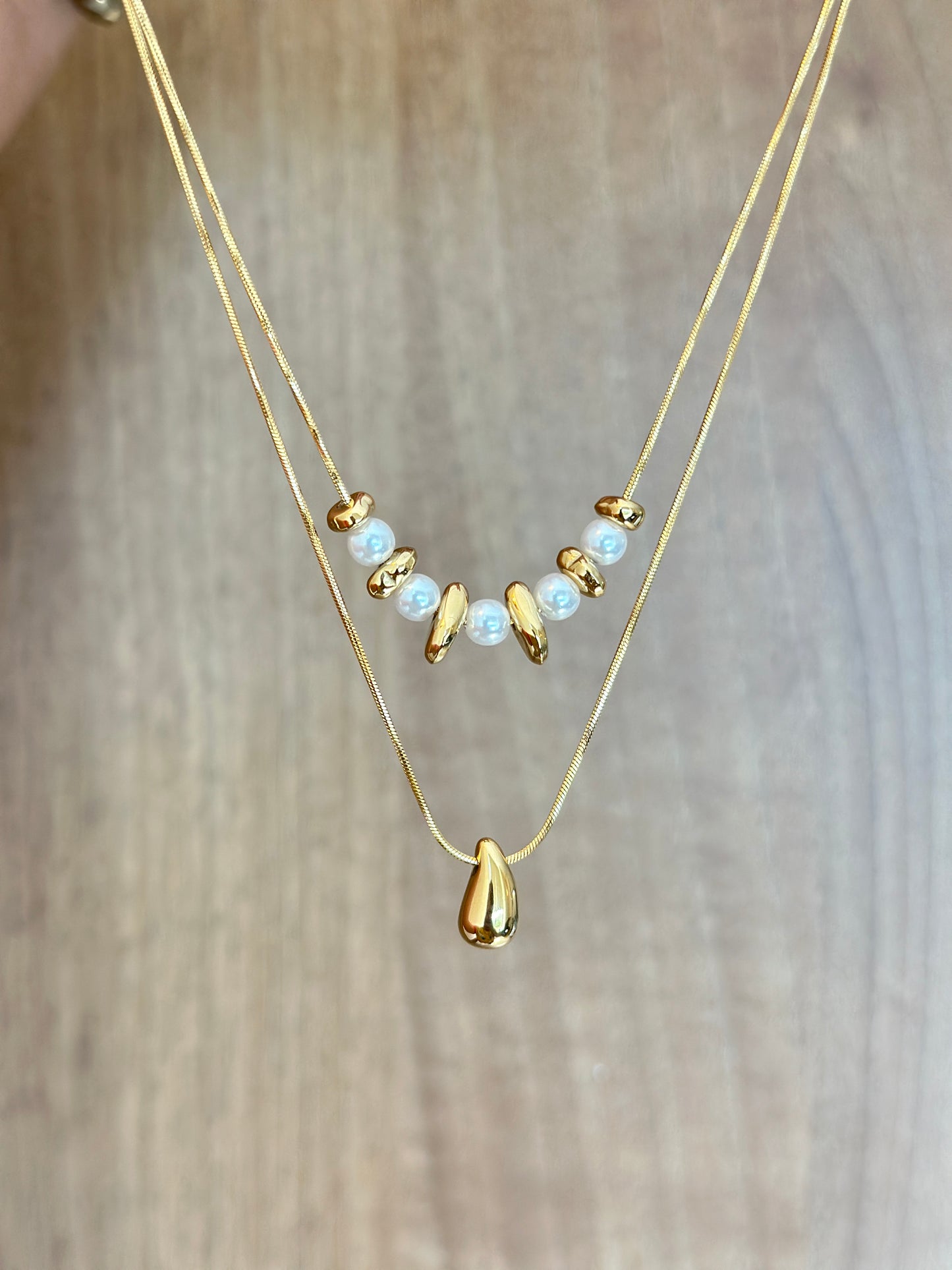 Pearl and Gold Bead Double Layer Necklace