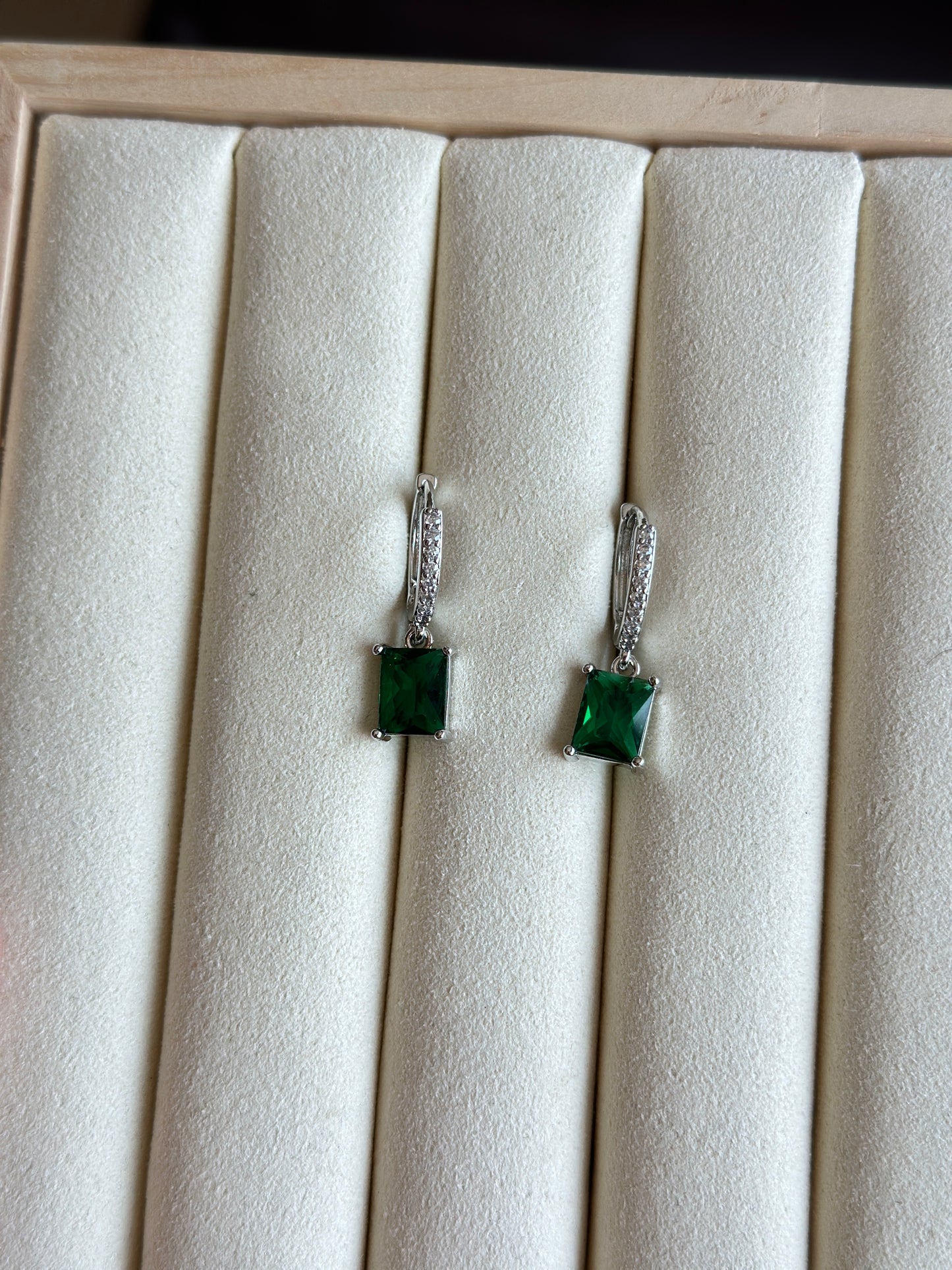 Emerald Green Baguette Hoop Drop Earrings