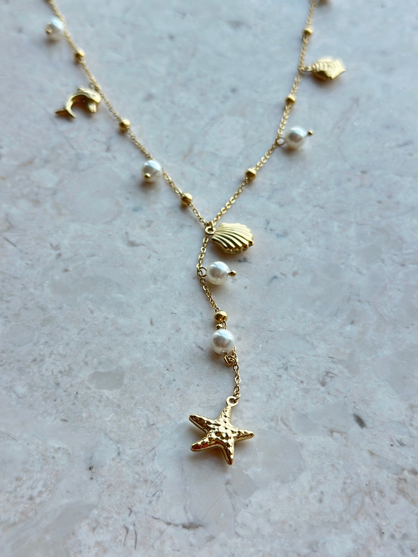 Ocean Charm Pearl Lariat Necklace
