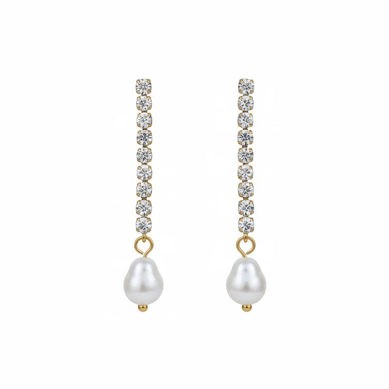 Long CZ Bar & Pearl Drop Earrings