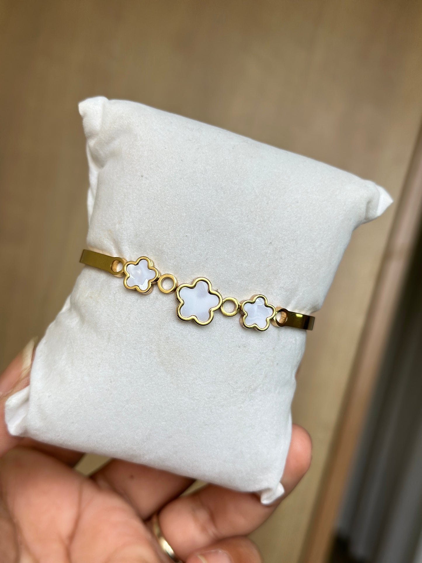 Triple White MOP Clover & Circle Cuff Bangle
