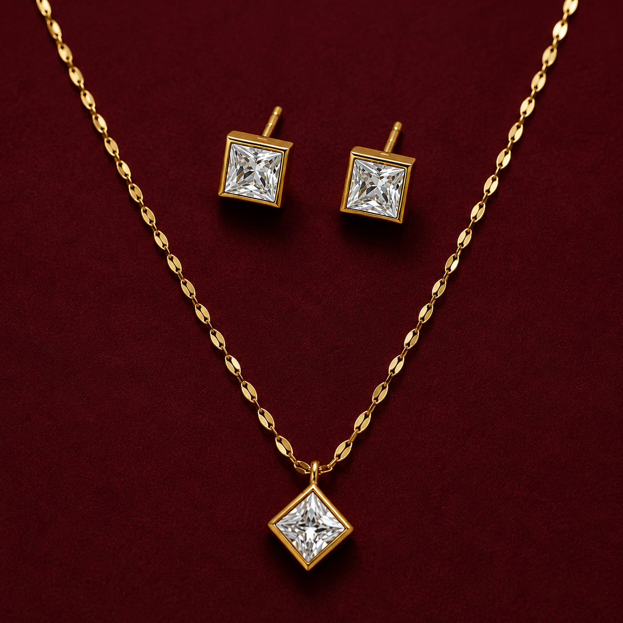 Princess Cut Pendant Necklace Set