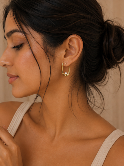 Oval Pearl Drop Hoop Earrings