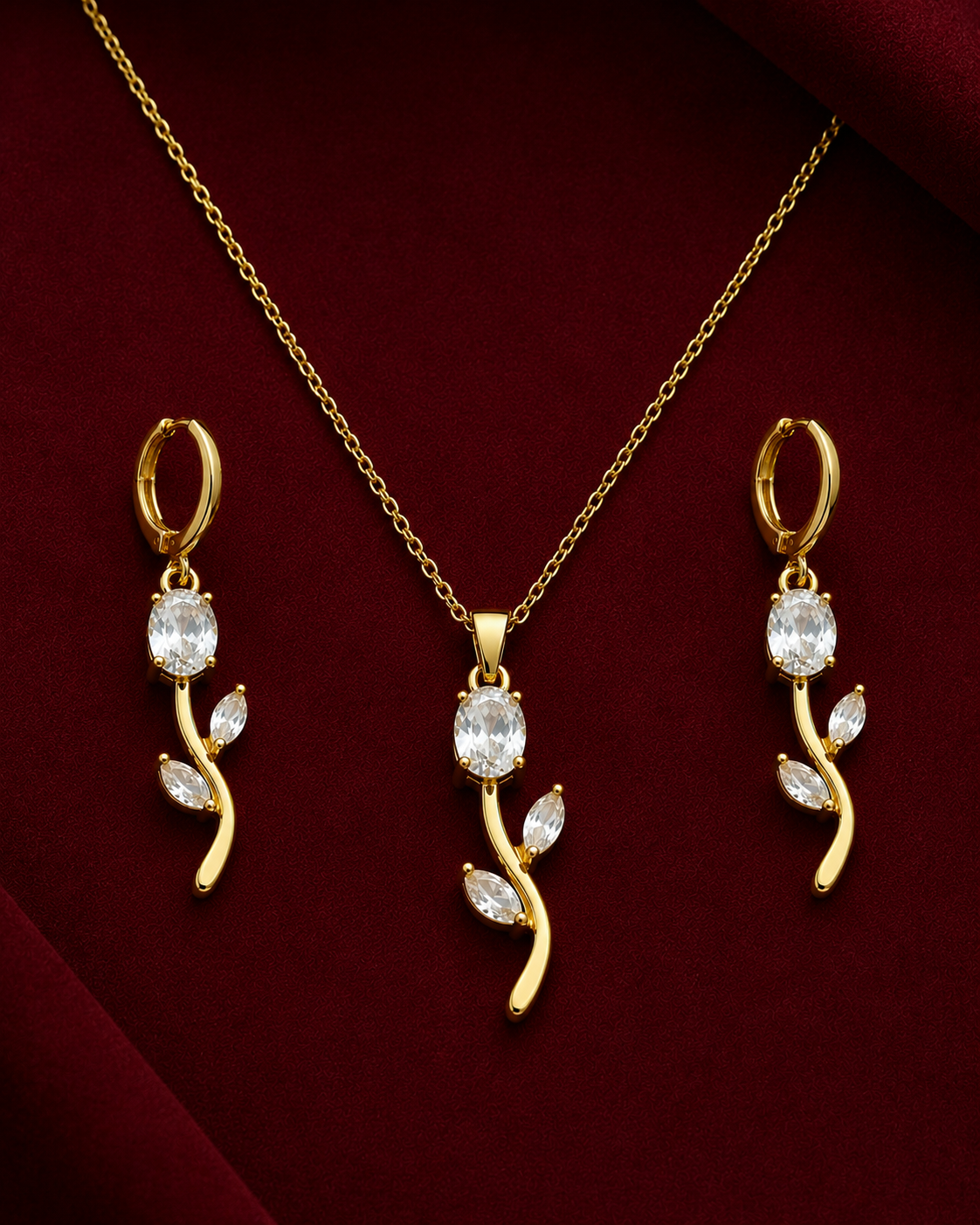 Clear Stone Rose Vine Necklace & Earring Set
