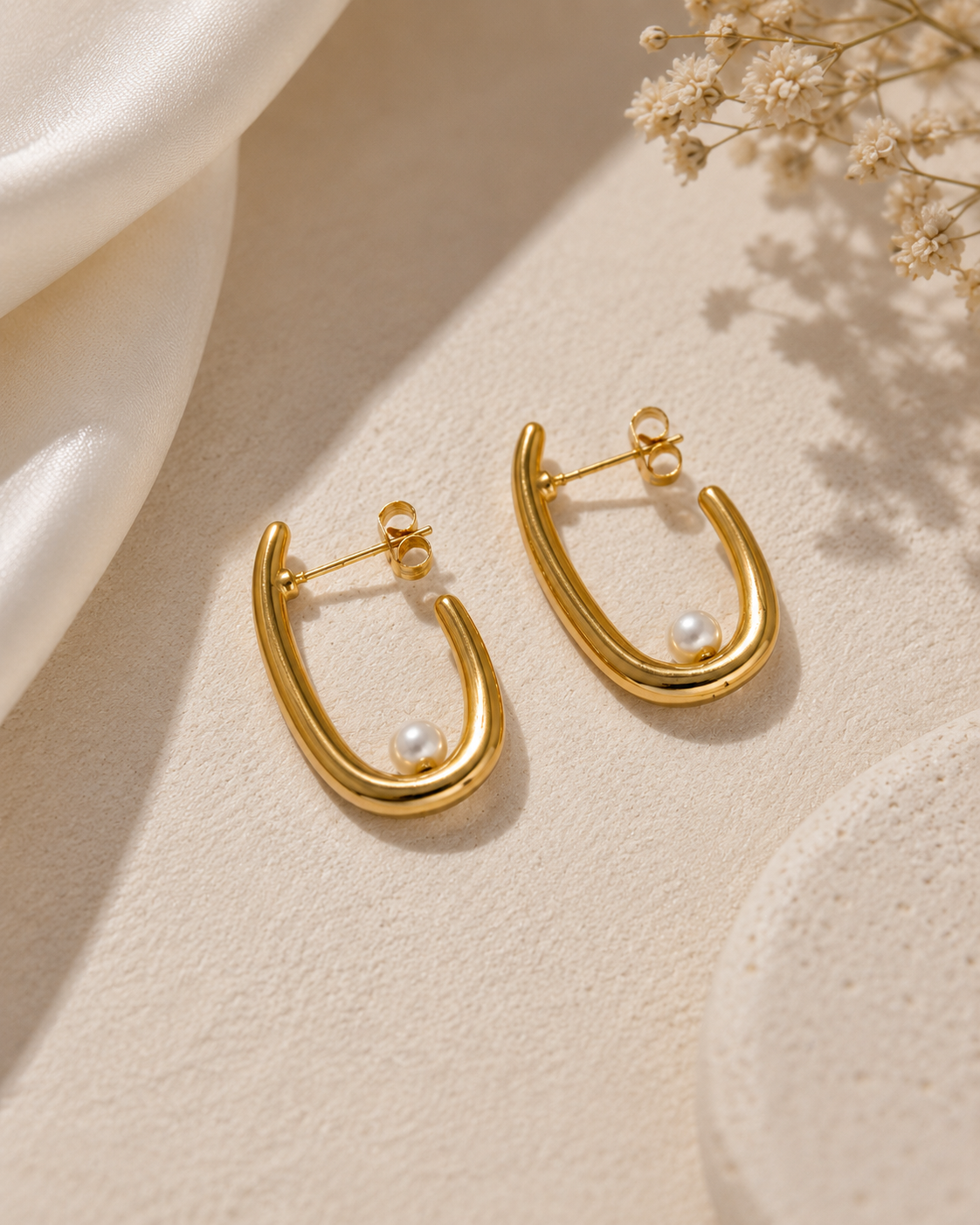 Oval Pearl Drop Hoop Earrings