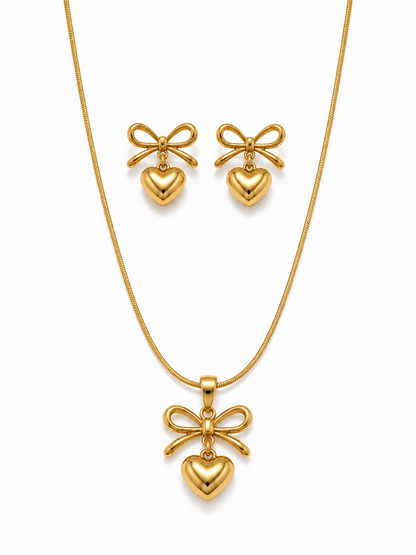 Bow & Heart Charm Necklace Set