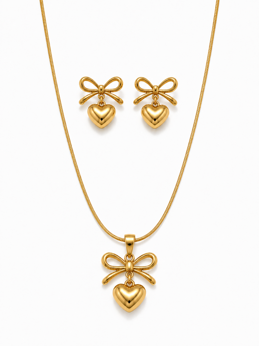 Bow & Heart Charm Necklace Set