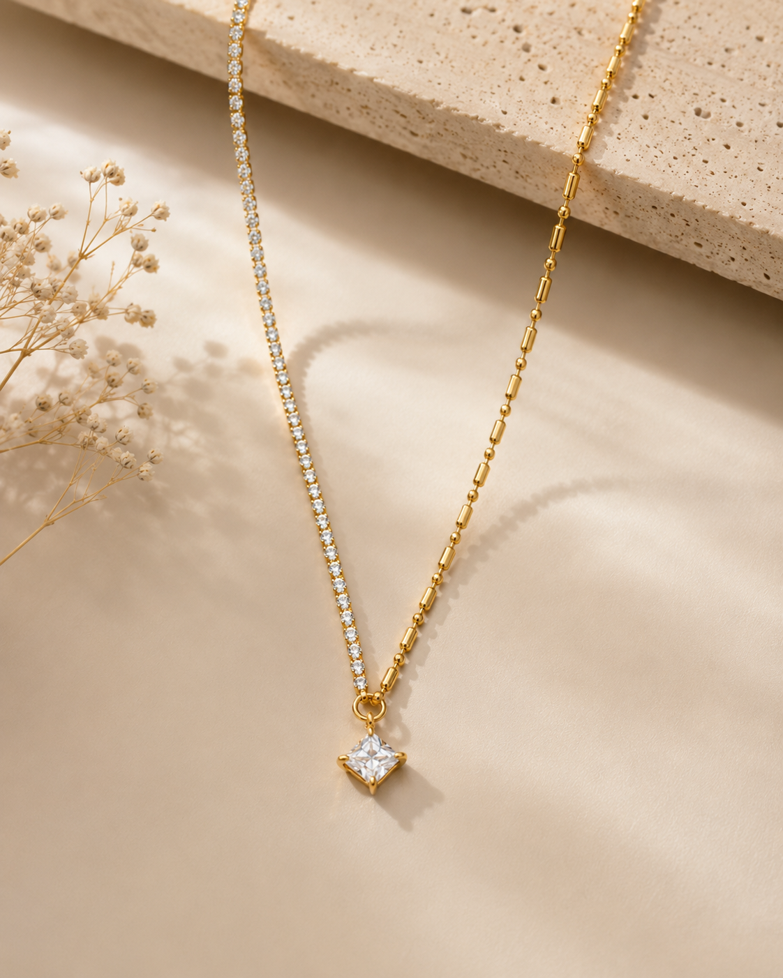 Tennis Chain Square Stone Necklace