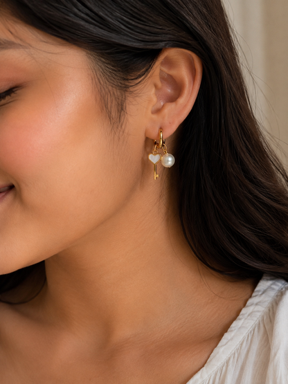 Heart and Key Pearl Hoop Earrings