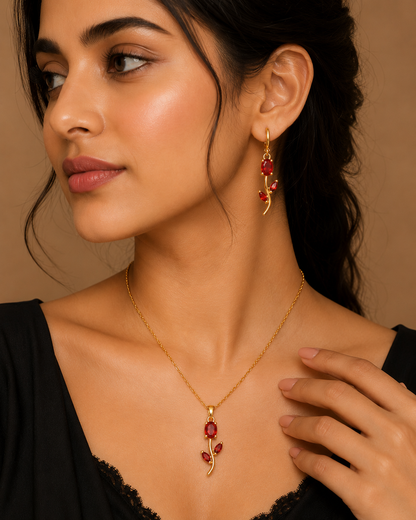 Red Stone Rose Vine Necklace & Earring Set