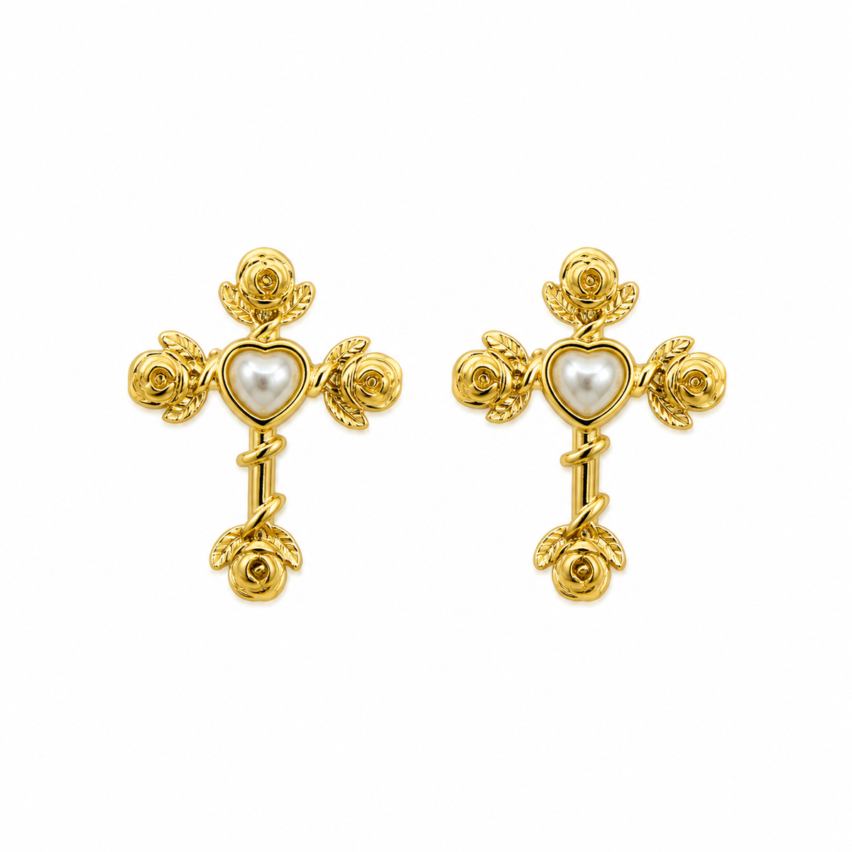 Rose Cross Pearl Stud Earrings