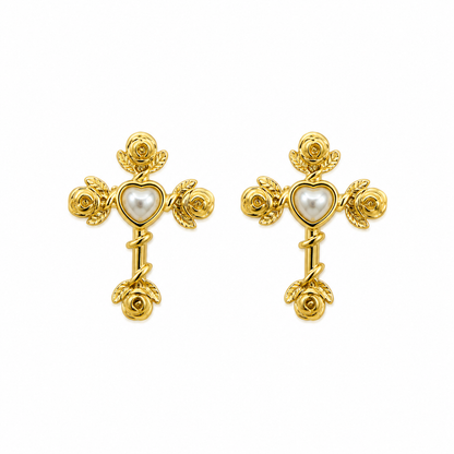Rose Cross Pearl Stud Earrings