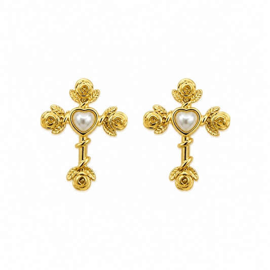 Rose Cross Pearl Stud Earrings