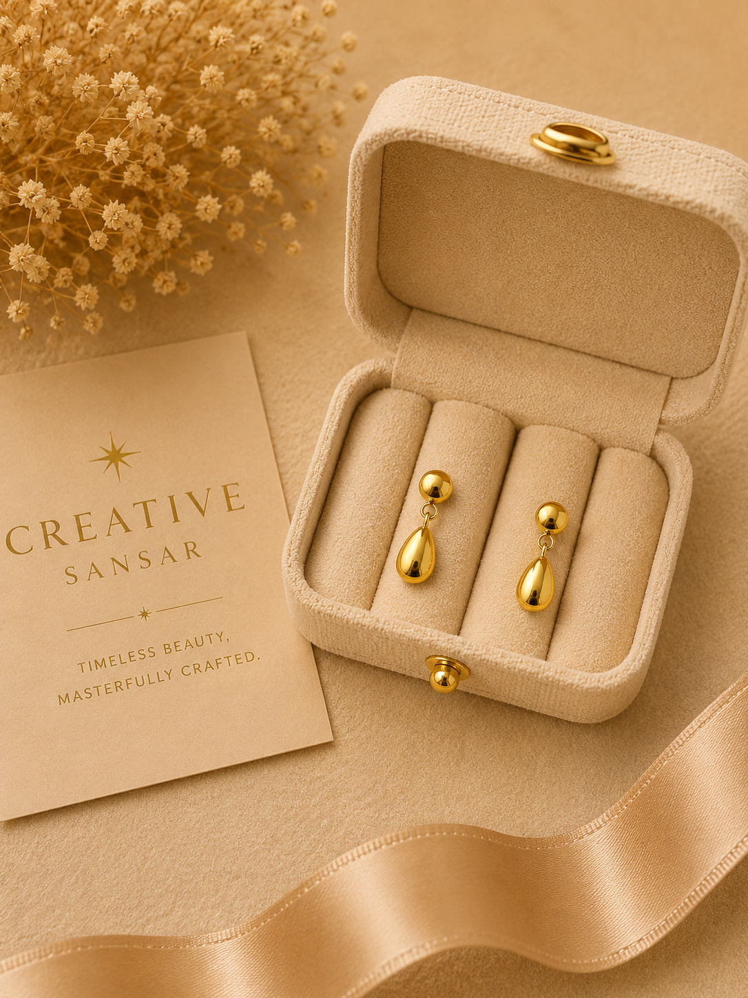 Gold Teardrop Ball Stud Dangle Earrings