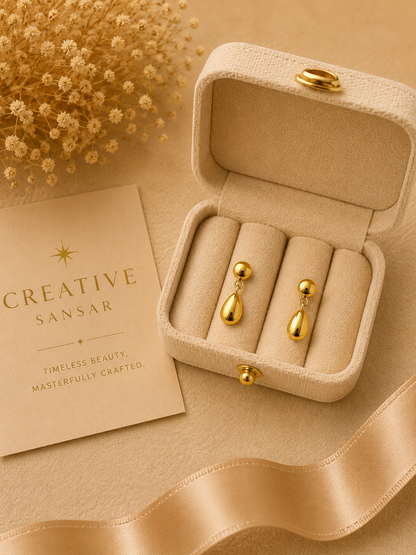 Gold Teardrop Ball Stud Dangle Earrings