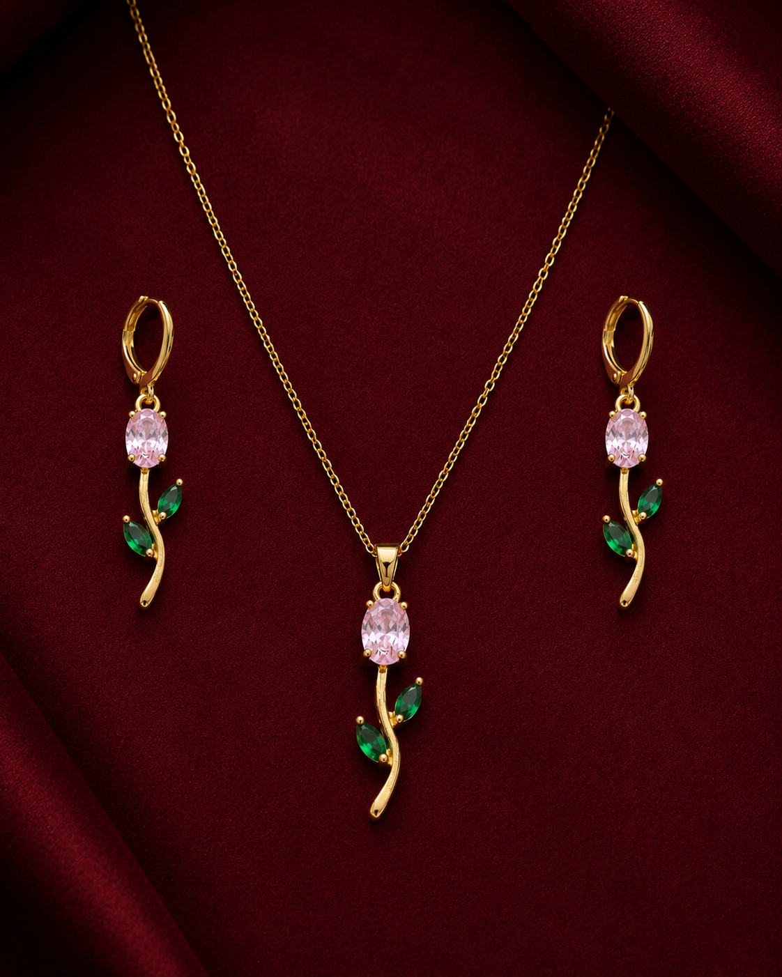 Pink Rose Vine Necklace & Earring Set