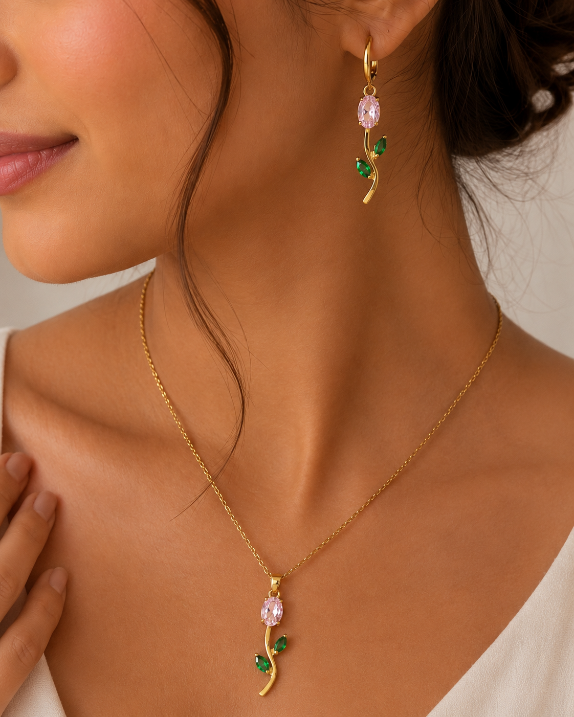 Pink Rose Vine Necklace & Earring Set