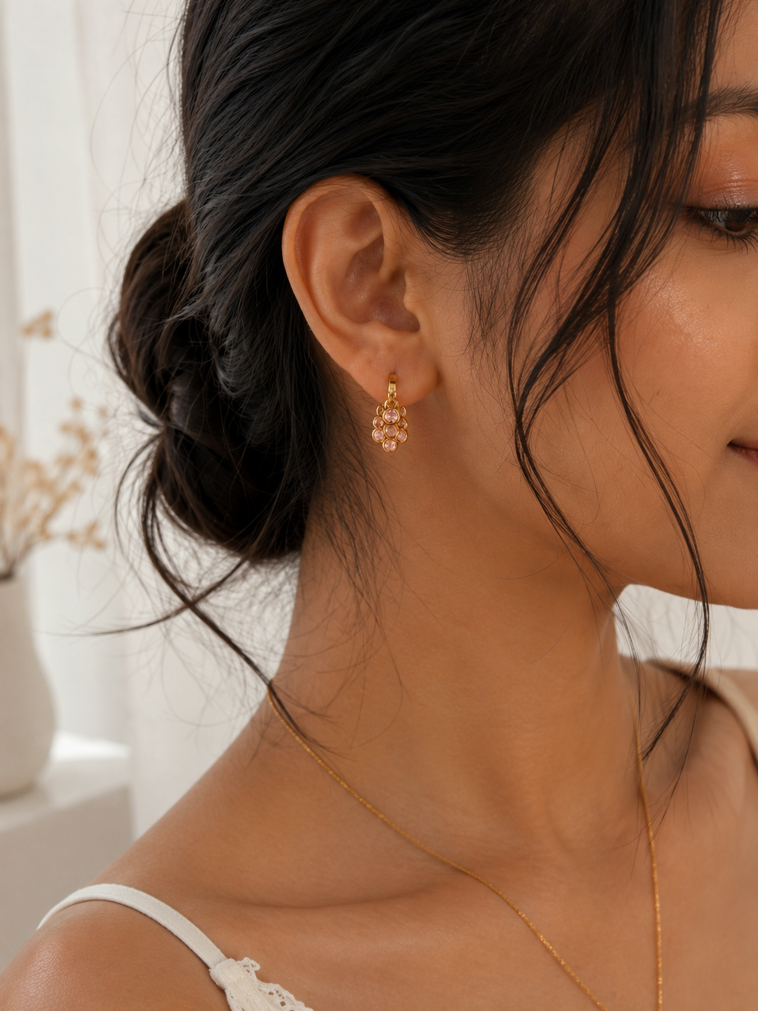 Pink Stone Cluster Hoop Earrings