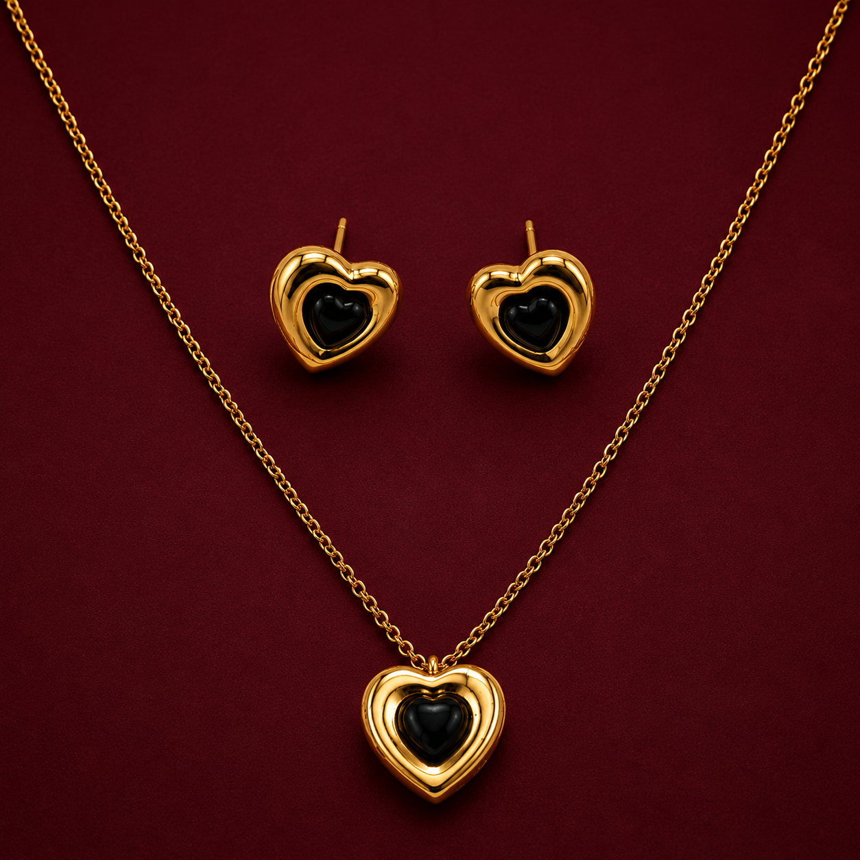 Domed Heart Cabochon Pendant Necklace Set