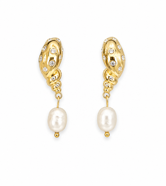 Pave Wave Pearl Drop Earrings