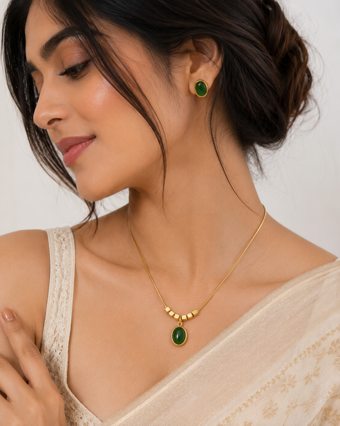 Cat's Eye Cabochon Bead Chain Necklace Set