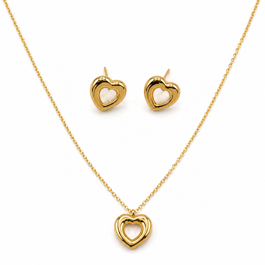 Domed Heart Cabochon Pendant Necklace Set