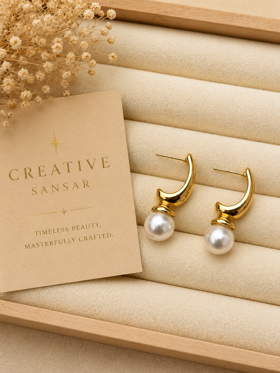Curved Gold Pearl Drop Earrings