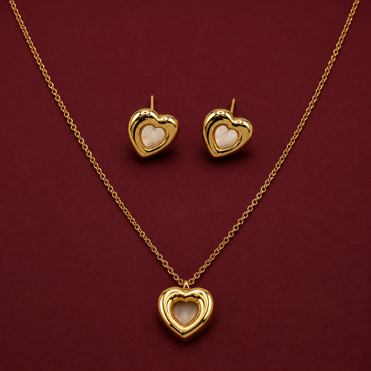 Domed Heart Cabochon Pendant Necklace Set