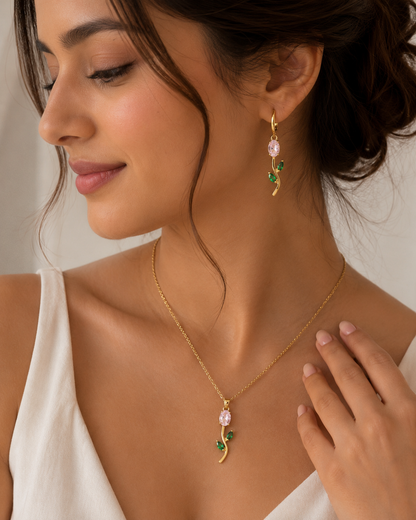 Pink Rose Vine Necklace & Earring Set