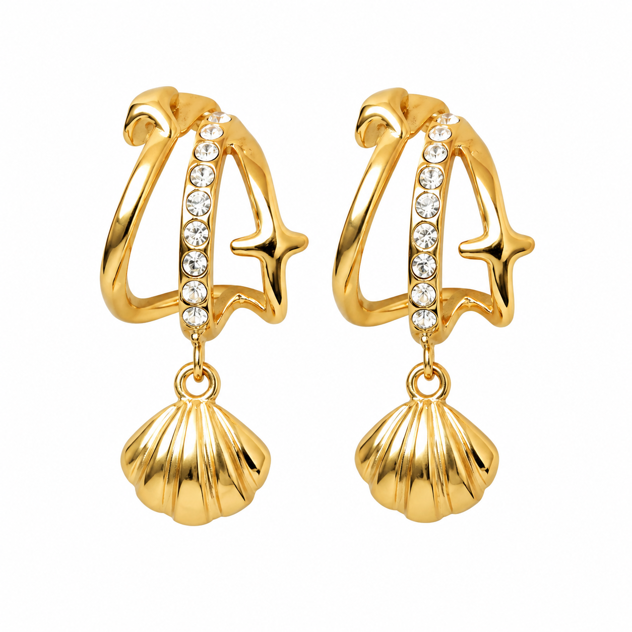 Shell & Star Pave Hoop Earrings