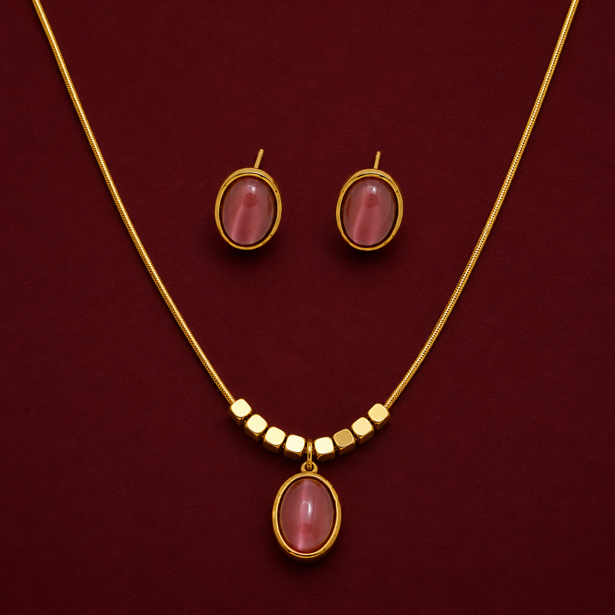 Cat's Eye Cabochon Bead Chain Necklace Set