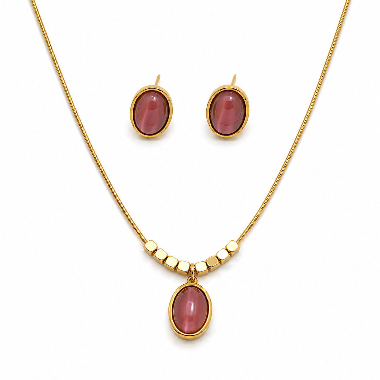 Cat's Eye Cabochon Bead Chain Necklace Set
