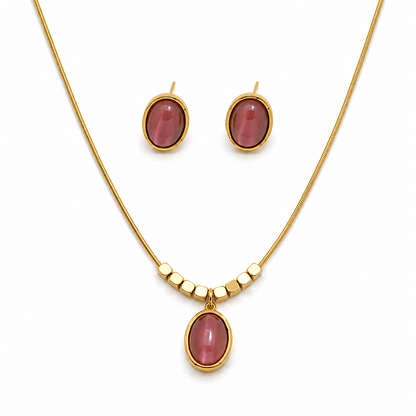 Cat's Eye Cabochon Bead Chain Necklace Set