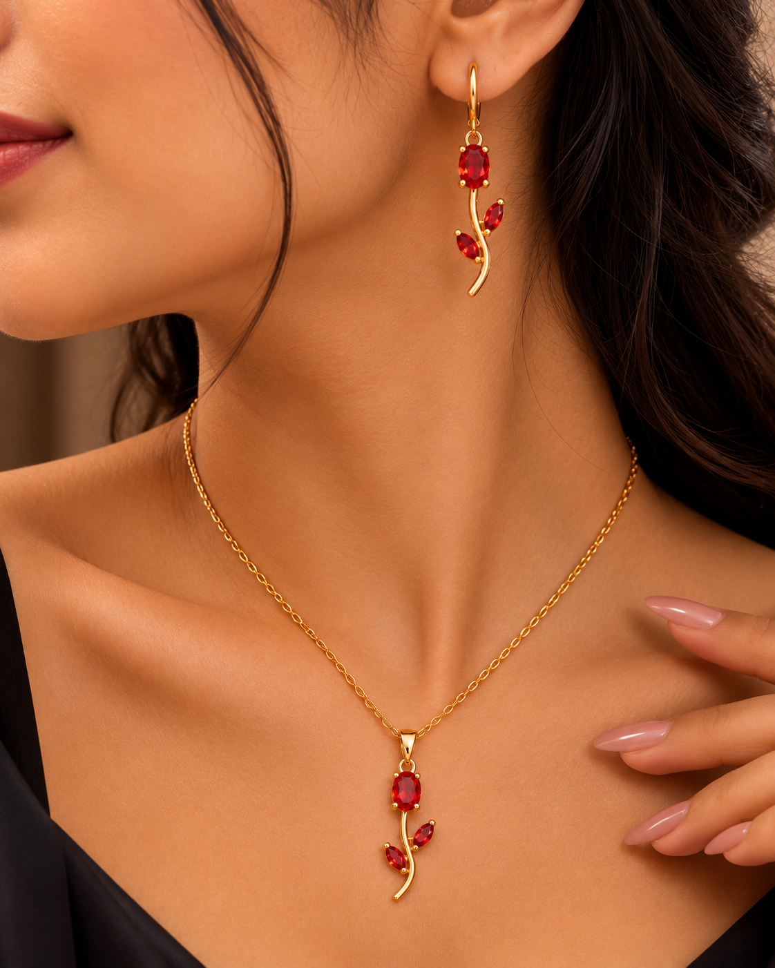 Red Stone Rose Vine Necklace & Earring Set