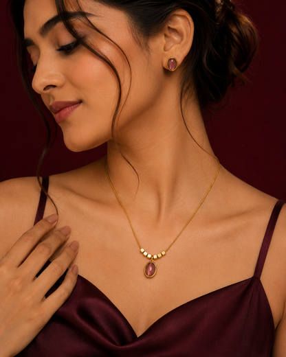Cat's Eye Cabochon Bead Chain Necklace Set